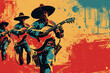 Poster for a Mexican folk music concert. Guitarists in sombreros on a grunge background. Banner with copy space.