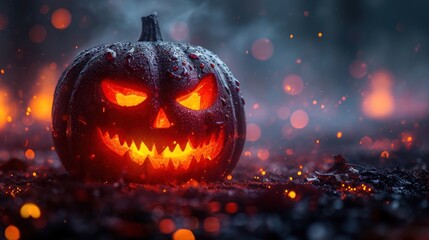 Wall Mural -  a jack - o'- lantern pumpkin with glowing eyes on a dark background with fire and smoke around it.