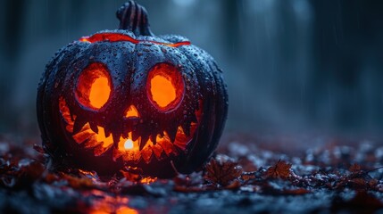 Wall Mural -  a jack - o'- lantern in the middle of a field with leaves on the ground and fog on the ground.