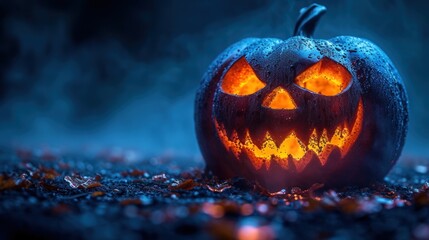 Sticker -  a halloween pumpkin with glowing eyes and a scary face on it's face is lit up in the dark.