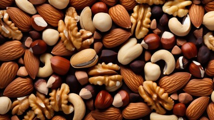 Poster -  a mixture of nuts and nutshells in various colors and sizes, including almonds, walnuts, and pistachios.