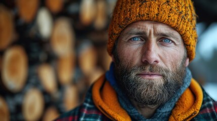 Wall Mural -  a man with a beard wearing a yellow knitted hat and a scarf around his neck stands in front of a stack of wood logs.