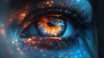 Canvas Print -  a close up of a person's eye with bright blue and yellow lights in the iris of the eye.