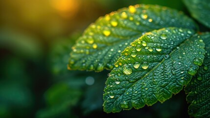 Canvas Print -  a close up of a green leaf with drops of water on it and green leaves with green leaves in the background.