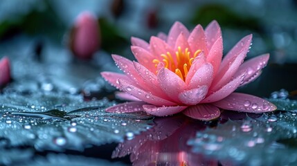 Sticker -  a pink water lily with drops of water on it's leaves and water droplets on it's surface.