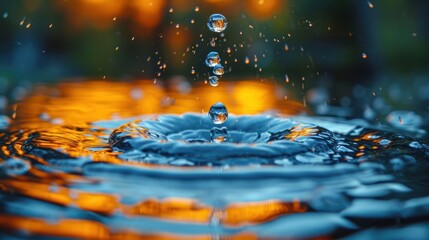 Canvas Print -  a close up of a water droplet with a blurry background of trees and a building in the background.