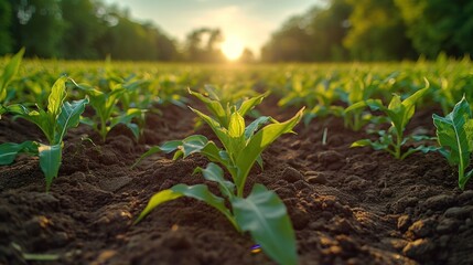 Canvas Print -  a field full of green plants with the sun setting in the distance in the distance in the distance is a field with dirt, grass, dirt, and trees.