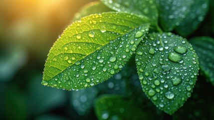 Canvas Print -  a close up of a green leaf with drops of water on it, with a boke of sunlight in the background.