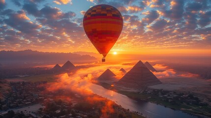 Wall Mural -  a hot air balloon flying in the sky over the pyramids of giza, with a sunset in the background.