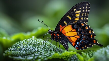 Wall Mural -  a close up of a butterfly on a plant with green leaves in the foreground and a blurry background.