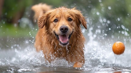 Canvas Print -  a close up of a dog in a body of water with a ball in the air and trees in the background.