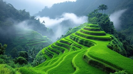 Poster -  a view of a lush green valley with a mountain in the background and fog in the air, with low lying clouds in the sky.