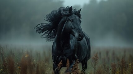 Sticker -  a black horse galloping through a field of tall grass in the middle of a foggy day with trees in the background.