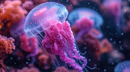 Canvas Print -  a close up of a jellyfish in a sea of water with corals and algaes in the background.