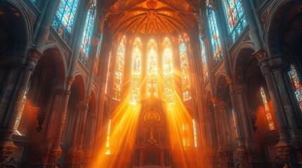 Sticker -  a large cathedral with stained glass windows and a bright beam of light coming from the top of the cathedral into the floor.