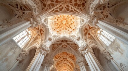 Canvas Print -  a view of the ceiling of a cathedral looking up at the light coming in from the stained - glass windows.