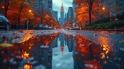 Poster -  a city street with a puddle in the middle of it and tall buildings on both sides of the street at night.