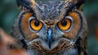  a close - up of an owl's face with bright orange eyes and a black head with yellow eyes.