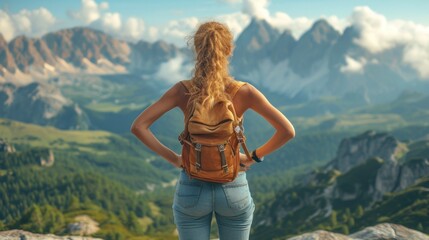 Sticker -  a woman standing on top of a mountain with her back to the camera and a backpack on her back, with mountains in the background.