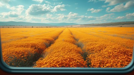 Sticker -  the view from a window of a field of yellow flowers in the foreground, with mountains in the distance.