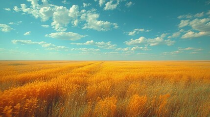 Sticker -  a field of tall yellow grass under a blue sky with fluffy white clouds in the middle of the day on a sunny day.