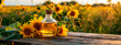 Sunflower oil on a table in the garden. Selective focus.