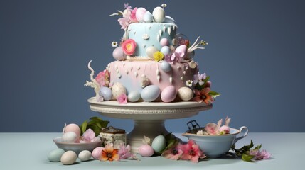 Sticker -  a three tiered cake sitting on top of a table next to a bowl of flowers and a bowl of fruit.