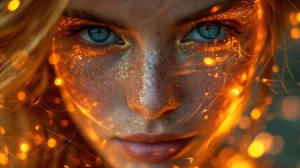 Poster -  a close up of a woman's face with blue eyes and gold sparkles all over her face and body.