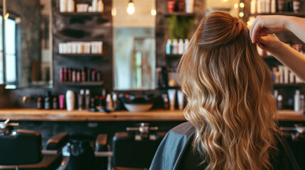 A professional hairdresser works in a beauty salon and does hair styling, close-up