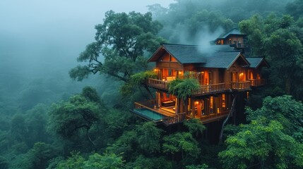 Poster -  a house sitting on top of a lush green hillside in the middle of a forest filled with lots of trees.