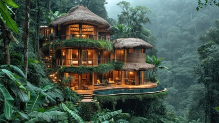 Poster -  a house in the middle of a jungle with a pool in the middle of the house and lots of greenery surrounding it.