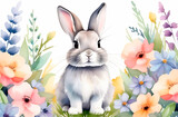 Fototapeta Dziecięca - Fluffy bunny rabbit among garden flowers, watercolor illustration in pastel colors, Easter greeting card with white background
