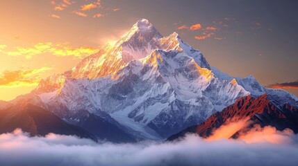 Wall Mural -  a mountain covered in clouds at sunset with the sun peeking through the clouds and the top of the mountain in the foreground.