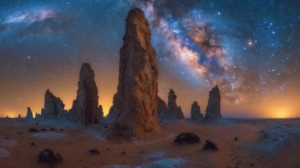 Poster -  a group of rocks sitting in the middle of a desert under a night sky filled with stars and the milky.