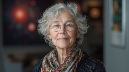 Wall Mural -  a close up of a person wearing glasses with a scarf around her neck and a painting on the wall in the background.