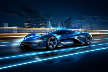 Poster - futuristic car factory visuals with blurred bokeh effect for automotive innovation background.