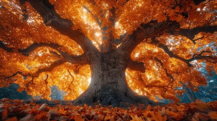 Canvas Print -  a large tree in the middle of a forest with lots of leaves on the ground and the sky in the background.