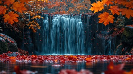 Sticker -  a waterfall with fall leaves surrounding it and a body of water surrounded by trees with orange leaves in the foreground.