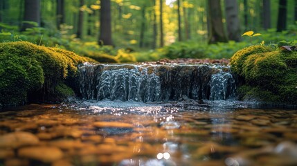 Sticker -  a small waterfall in the middle of a forest with moss growing on the rocks and the water running over the rocks.