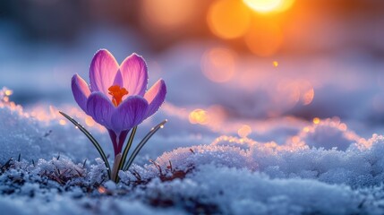 Poster -  a purple flower sitting in the middle of a snow covered field with the sun shining in the distance behind it.