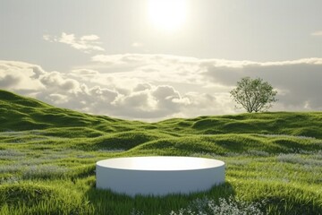 Wall Mural - Abstract 3d render platform natural background, White podium on the grass field backdrop cloud and sky for product stand display advertising, cosmetic or etc. generative ai.