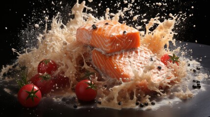 Canvas Print -  a close up of a plate of food with some fruit and milk splashing out of the top of it.