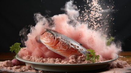 Sticker -  a piece of salmon on a plate covered in pink powder and sprinkled with parsley and parsley.