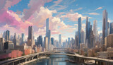 Fototapeta Miasto - Watercolor cityscape illustration with skyscrapers and river. AI generated