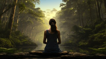 Sticker -  a woman is sitting on a rock in the middle of a forest looking at the sun shining through the trees.