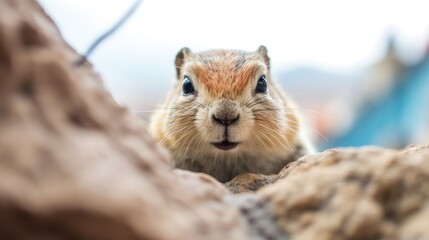  a close up of a rodent looking at the camera with a blurry background of rocks and a tent in the background.