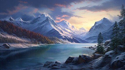 Sticker -  a painting of a snowy mountain landscape with a lake in the foreground and pine trees in the foreground.