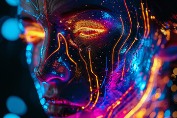 Wall Mural - futuristic cyborg face with glowing neon lines and psychedelic circuitry, black background with brig