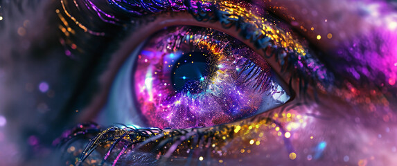 Wall Mural - eye, iris transformed into a swirling galaxy, neon colors and cosmic elements
