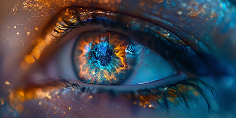 Wall Mural - eye, iris transformed into a swirling galaxy, neon colors and cosmic elements